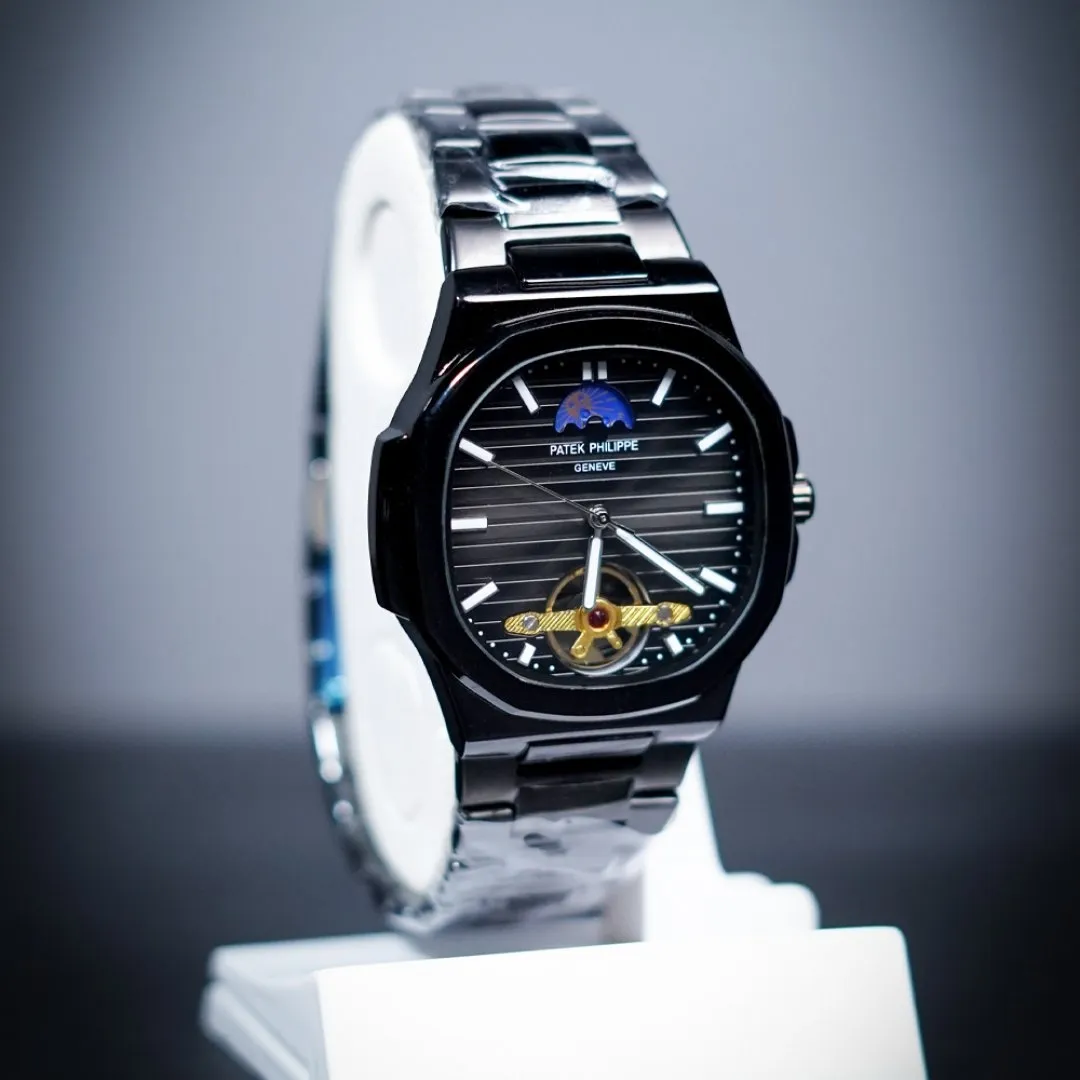 Patek Philippe Automatic Skeleton Watch – Luxury Silver & Black Mechanical Timepiece for Men